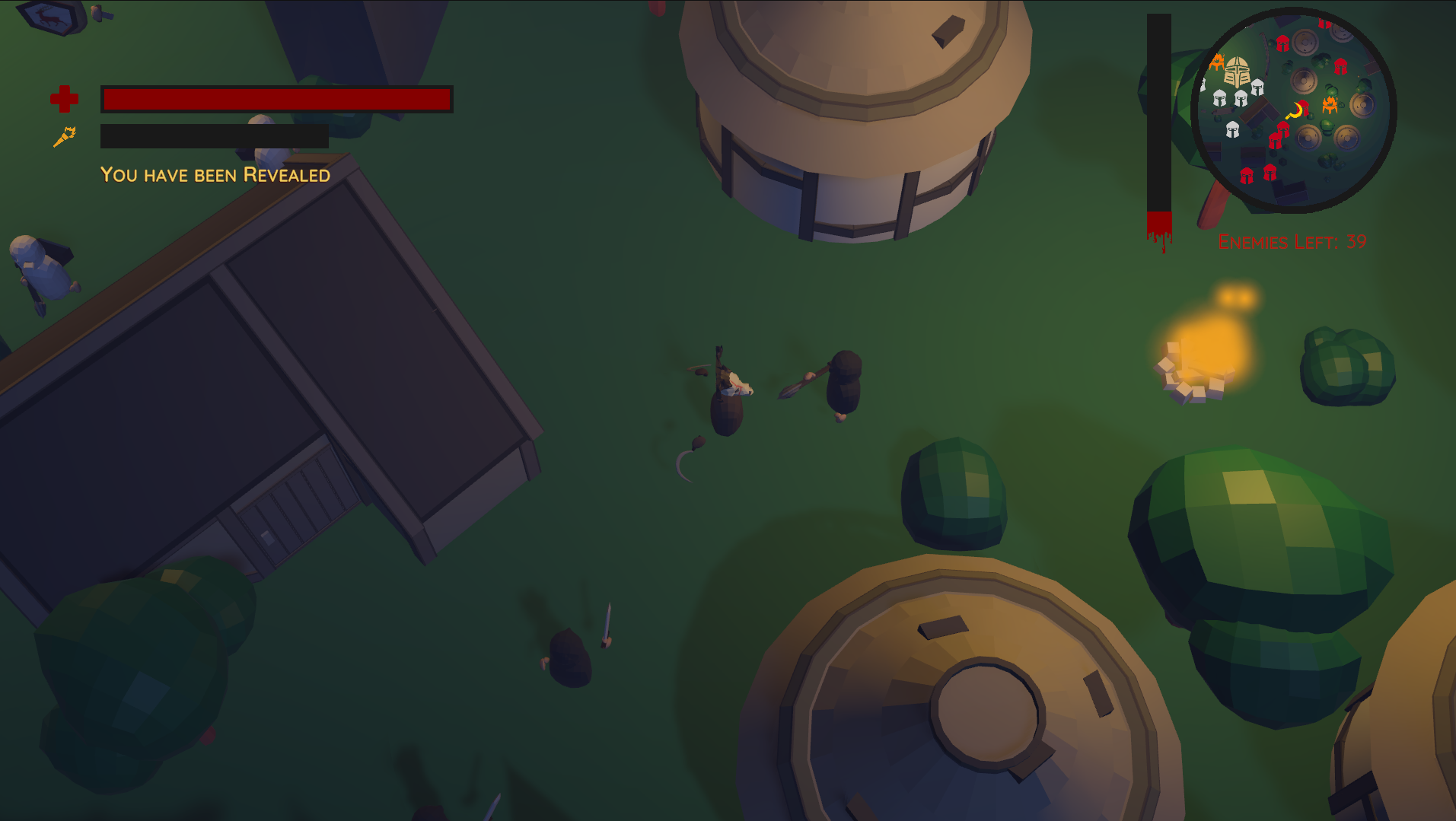 Screenshot of Balor's Chosen. A Deer-skull headed person with two scythes is running around an old Irish camp, killing dark grey and silver armour-cladded soldiers. There's a minimap and enemy count in the top right, and a health and visibility bar in the top left.