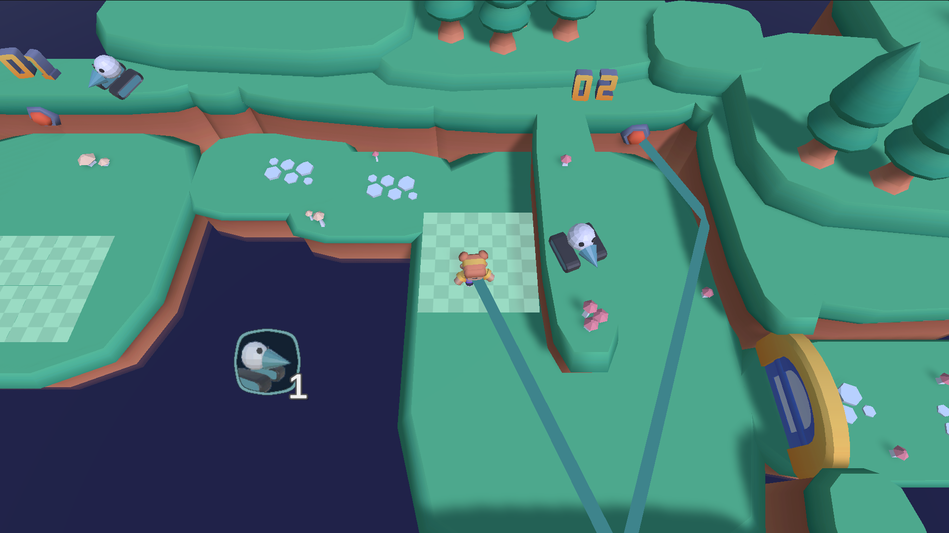 Screenshot of GolfBots. A girl is seen aiming a blue bar at a red button. This is the trajectory of the blue robot she will send out, which will open the yellow door when it presses the button. The land is vibrant green in a purple sea.