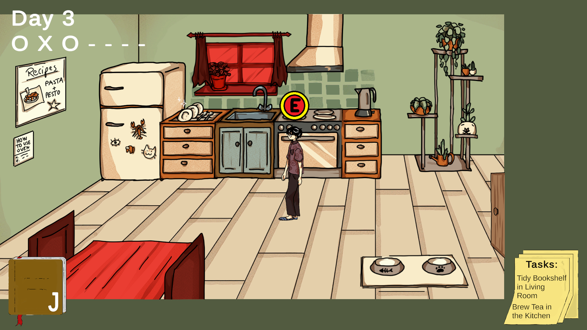 Screenshot of is it real? The player is walking around a kitchen with a fridge, table and chairs, pet food bowl and water bowl, plant stand, kettle, stove, sink, window, and drying rack. The UI has a day count and success/fail count in the top left, it says Day 3: Pass Fail Pass. The bottom right has a task list that looks like a sticky note with the texts: 'Tidy Bookshelf in Living Room', and 'Brew Tea in the Kitchen'. The bottom left has a Journal with a J on it. Above the player is a large red E to show the player that they can interact with the sink, which is highlighted blue. The window and table with chairs are both highlighted red which shows that the player has selected them as being suspected Anomalies.